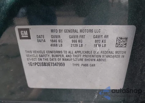 2014 Chevrolet Cruze 1Lt Auto z USA, uszkodzony, nr VIN 1G1PC5SB3E7347959